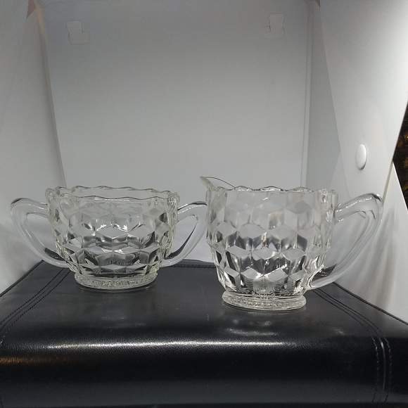 Vintage Fostoria American Glass Creamer & Sugar Bowl CUBE PRISM 2-Piece Set - Picture 1 of 7